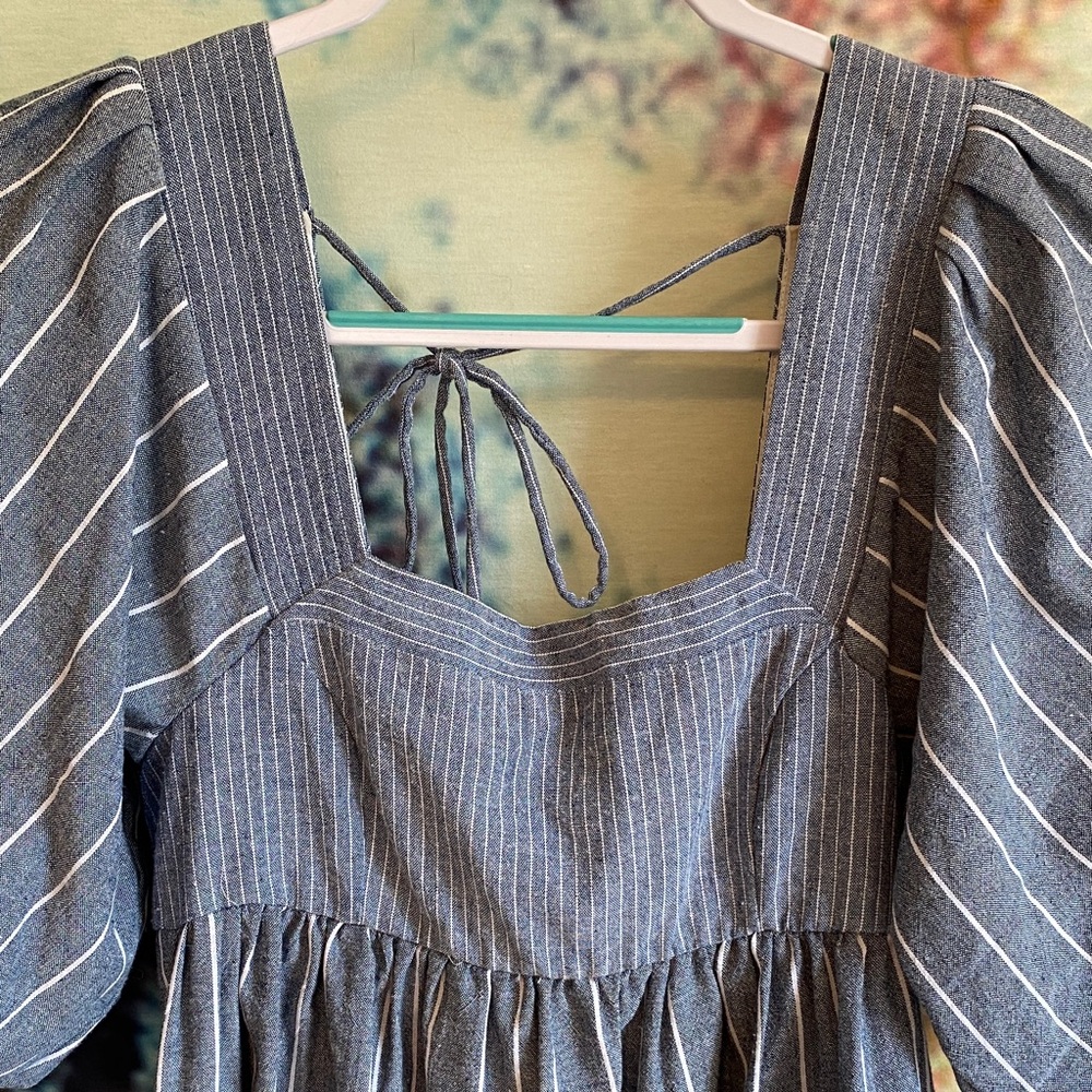Free People blue and white Striped Mini Dress open back puff sleeves denim like - Picture 2 of 12